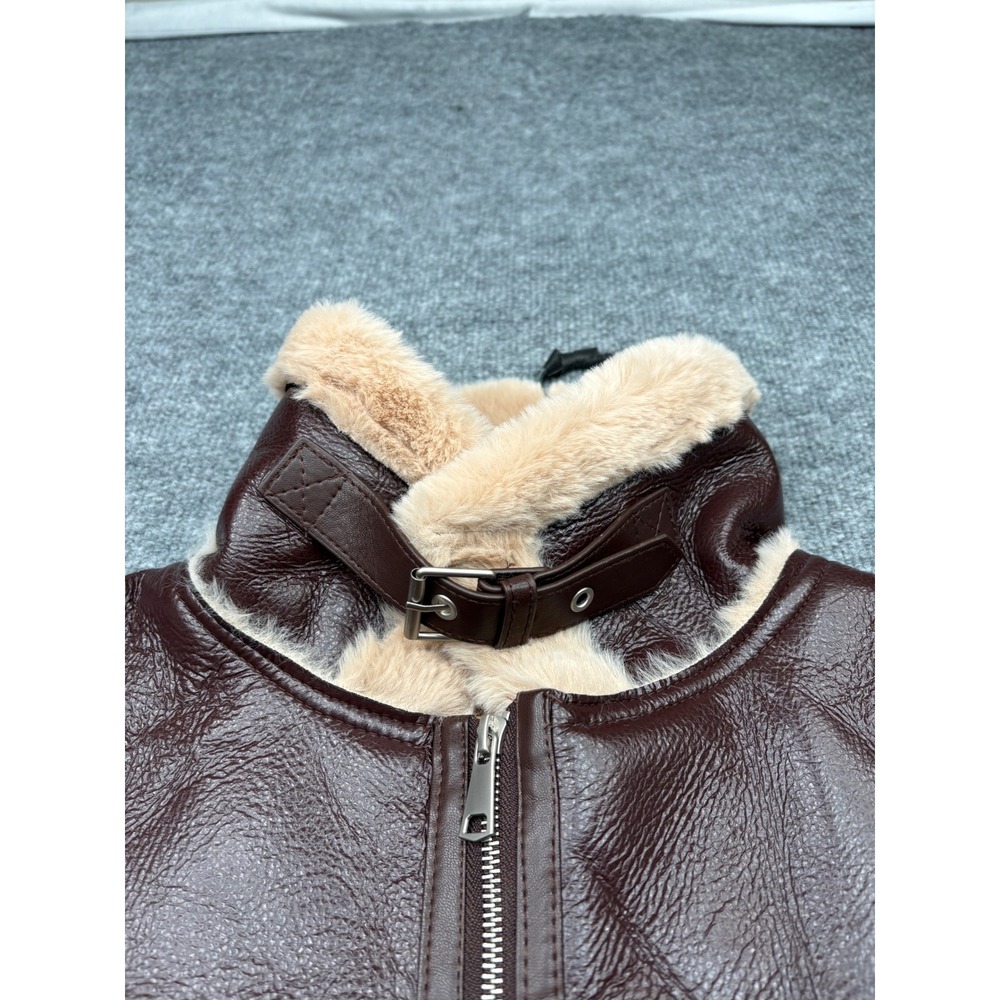 36points Womens Small Burgundy Faux Leather Aviator Bomber Jacket Faux Fur Trim - Picture 13 of 16